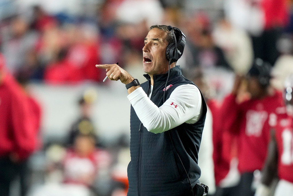 Wisconsin coach Luke Fickell directs hist team during the second half of an NCAA college football game against Iowa Saturday, Oct. 11, 2025, in Madison, Wis. (AP Photo/Andy Manis)