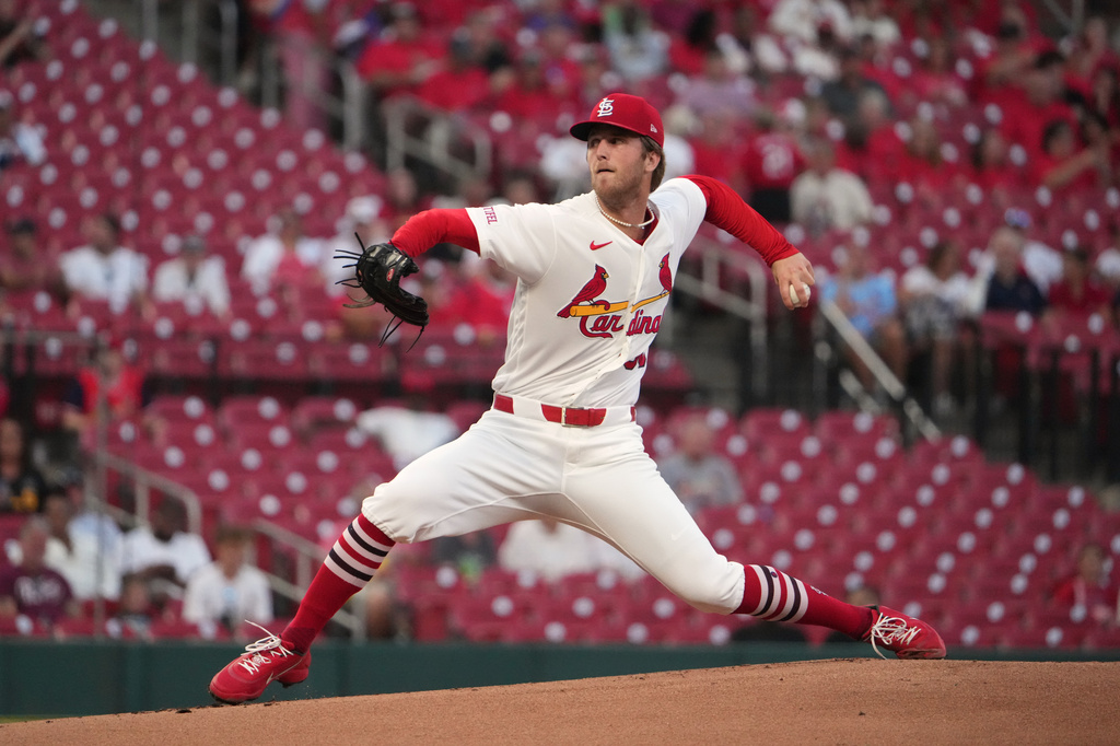 St. Louis Cardinals starting pitcher Quinn Mathews throws during the first inning of a baseball game against the San Francisco Giants Monday, Sept. 14, 2026, in St. Louis. (AP Photo/Jeff Roberson)