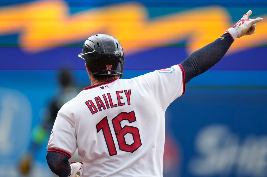 Cleveland Guardians' Patrick Bailey (16) gestures as he rounds the bases with a home run in the third inning of a baseball game in Cleveland, Sunday, Aug. 2, 2026. (AP Photo/Sue Ogrocki)