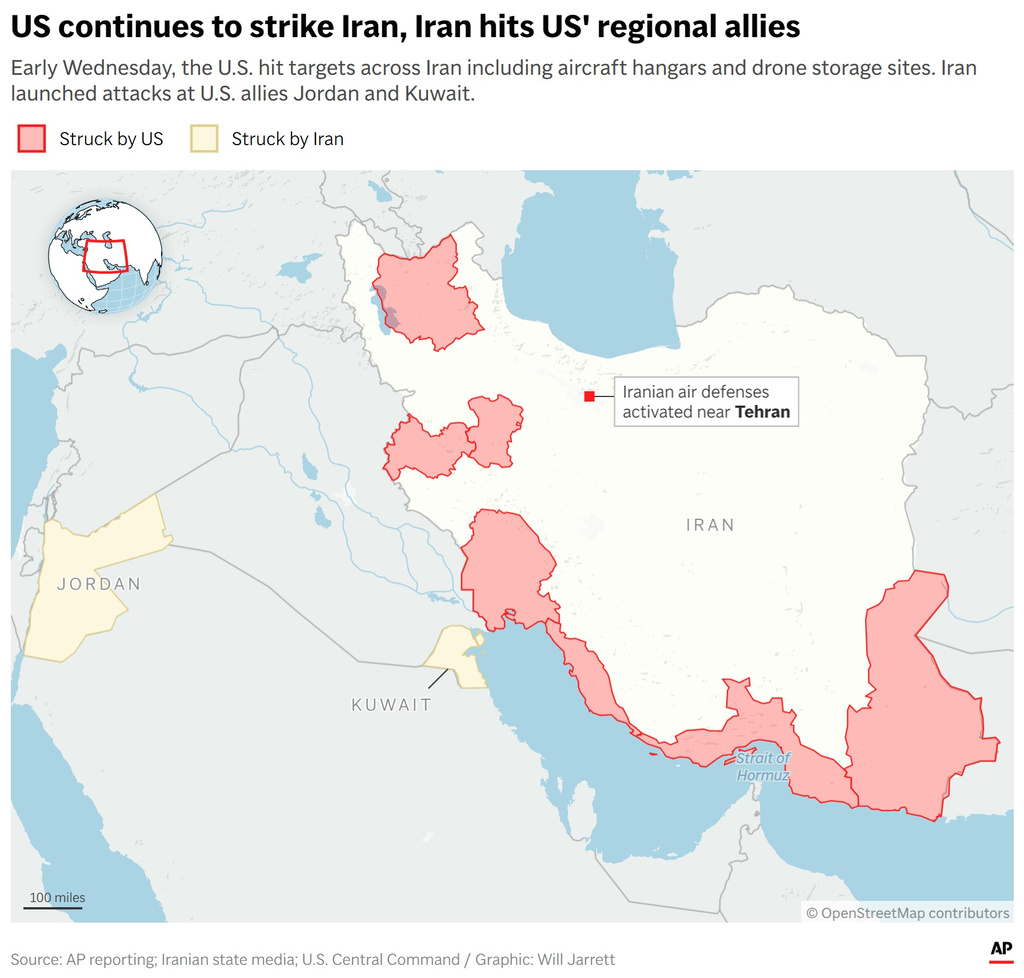 A map showing strikes in and around Iran early Wednesday. (AP Digital Embed)
