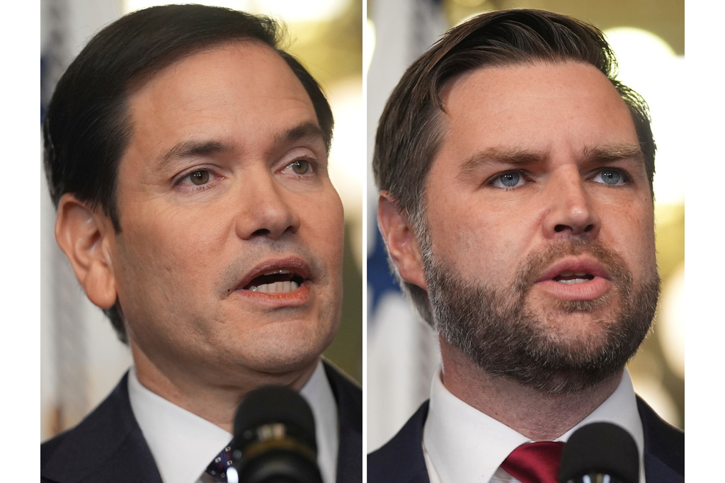 FILE - This combination of photos shows Secretary of State Marco Rubio, left, and Vice President JD Vance, right, on Jan. 21, 2025, in Washington. (AP Photo/Evan Vucci, File)
