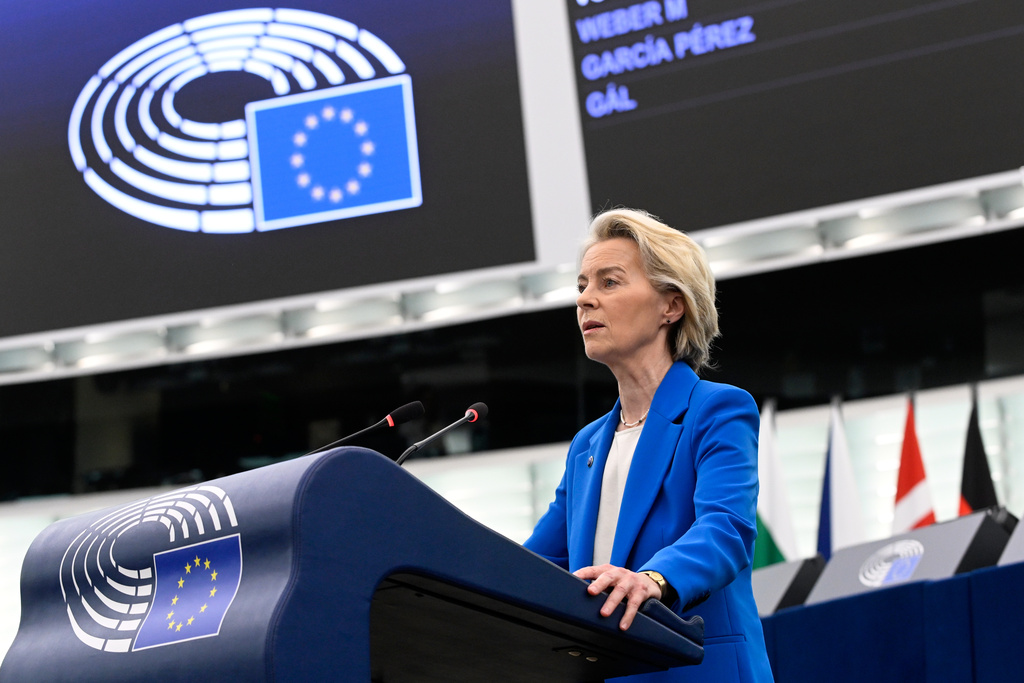 European Commission president Ursula von der Leyen speak before a no-confidence vote against the European Commission, Monday, Oct. 6, 2025 at the European Parliament in Strasbourg, eastern France. (AP Photo/Pascal Bastien)