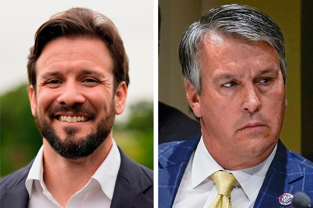 FILE - This combination of photos shows Republican candidates for U.S. Senate Jared Hudson, left, on May 7, 2026, in Enterprise, Ala., and Rep. Barry Moore, right, on April 17, 2023, in New York. (AP Photo, File)