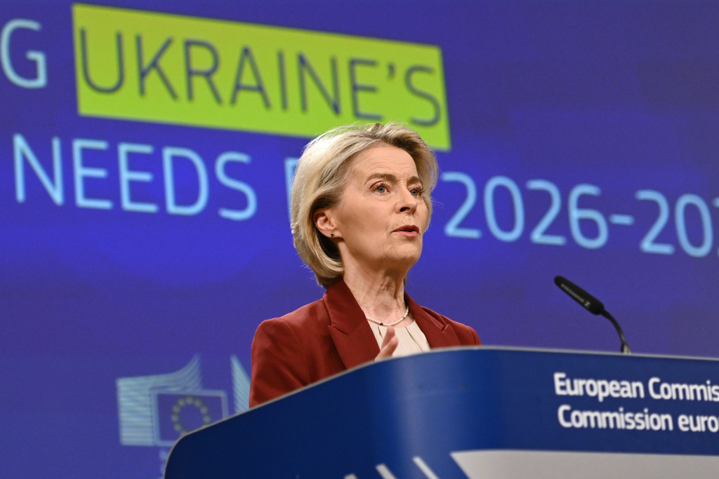 European Commission President Ursula von der Leyen speaks during a media conference regarding Ukraine's financing needs for 2026-2027 at EU headquarters in Brussels, Wednesday, Dec. 3, 2025. (AP Photo/Harry Nakos)