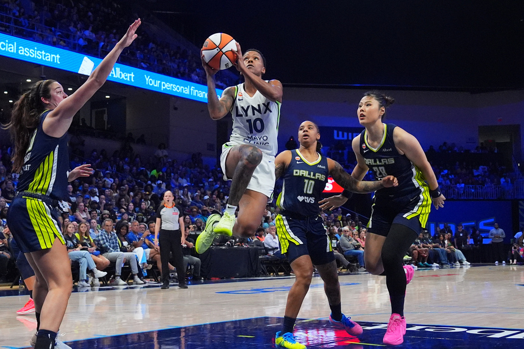 Minnesota Lynx guard Courtney Williams (10) drives to the basket against Dallas Wings defenders Li Yueru (28), Aziaha James (10) and Maddy Siegrist, left, during the second half of a WNBA basketball game in Arlington, Texas, Sunday, June 28, 2026. (AP Photo/LM Otero)