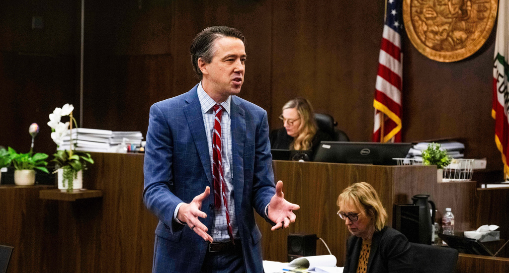 Attorney Daniel Dutko gives his closing arguments in the wrongful death lawsuit by the family of pitcher Tyler Skaggs against the Los Angeles Angels in Orange County Superior Court, in Santa Ana, Calif., Monday, Dec. 15, 2025. (Paul Bersebach/The Orange County Register via AP, Pool)