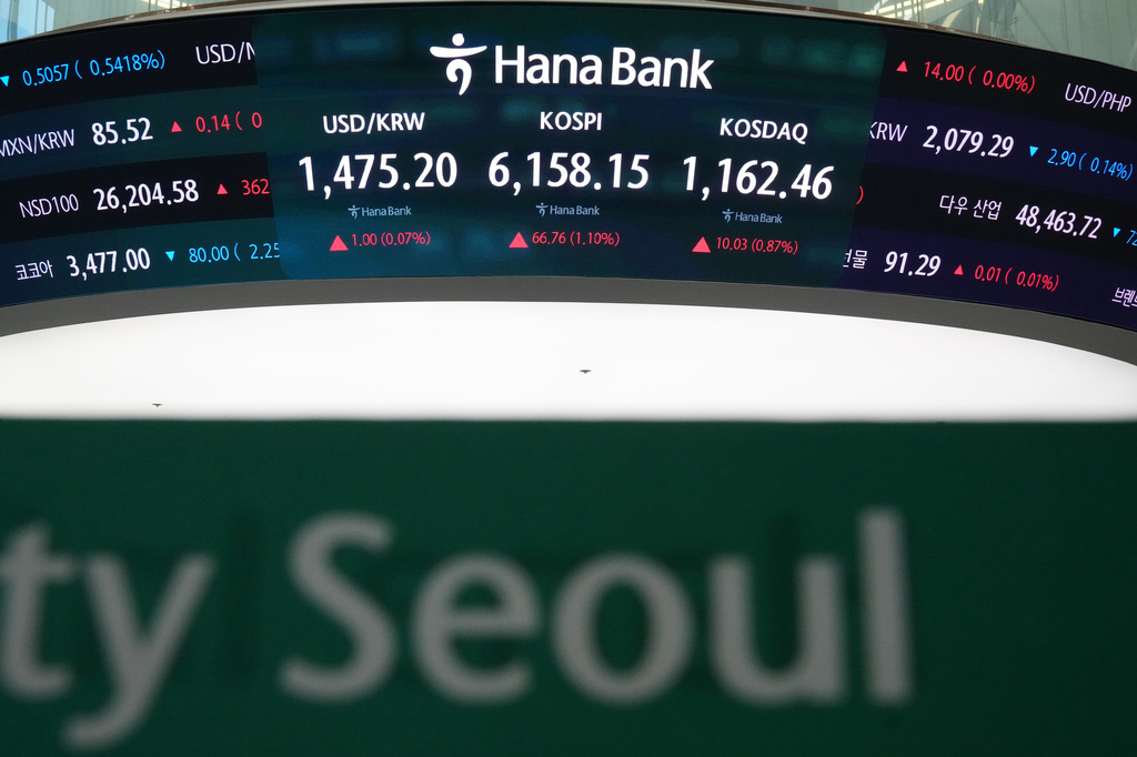 The screens showing the Korea Composite Stock Price Index (KOSPI), the foreign exchange rate between U.S. dollar and South Korean won and the Korean Securities Dealers Automated Quotations (KOSDAQ) at a dealing room of Hana Bank, in Seoul, South Korea, Thursday, April 16, 2026. (AP Photo/Lee Jin-man)