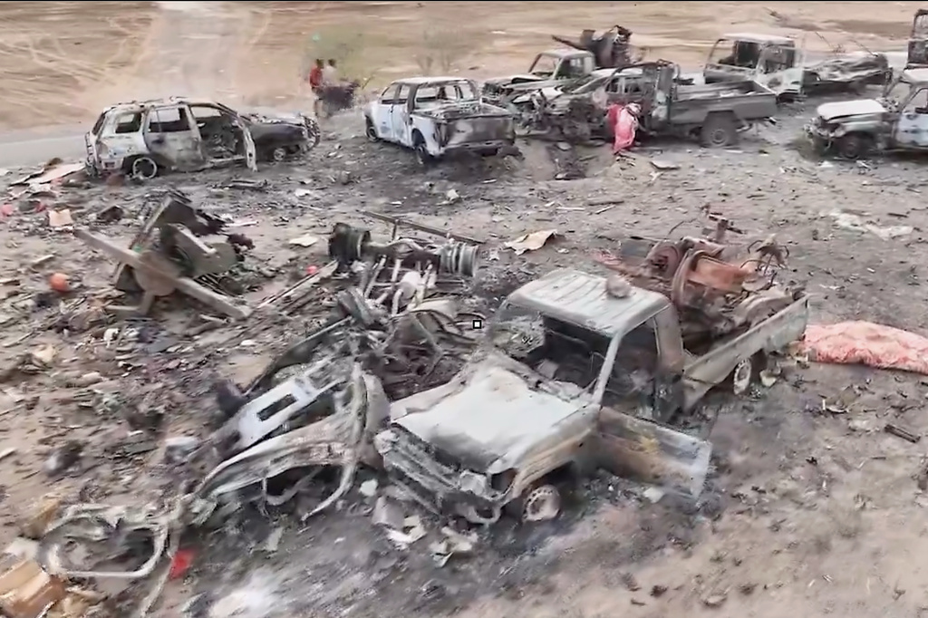 This image taken from undated video released by the Houthi-run Al-Masirah television channel on Saturday, Sept. 12, 2026, shows damaged vehicles on a road between the Dhubab and Amri junctions in Yemen, according to the channel. (Al-Masirah TV via AP)