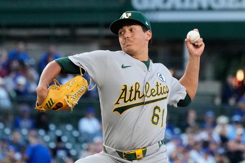Athletics starting pitcher Gage Jump throws against the Chicago Cubs during the first inning of a baseball game in Chicago, Tuesday, June 2, 2026. (AP Photo/Nam Y. Huh)