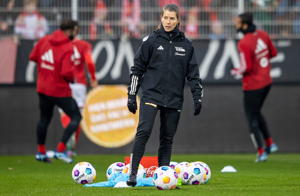 FILE - Union Berlin's assistant coach Marie-Louise Eta looks oon before the German Bundesliga soccer match between 1. FC Union Berlin and FC Augsburg in Berlin, Germany, Saturday, Nov. 25, 2023. (Andreas Gora/dpa via AP, File)