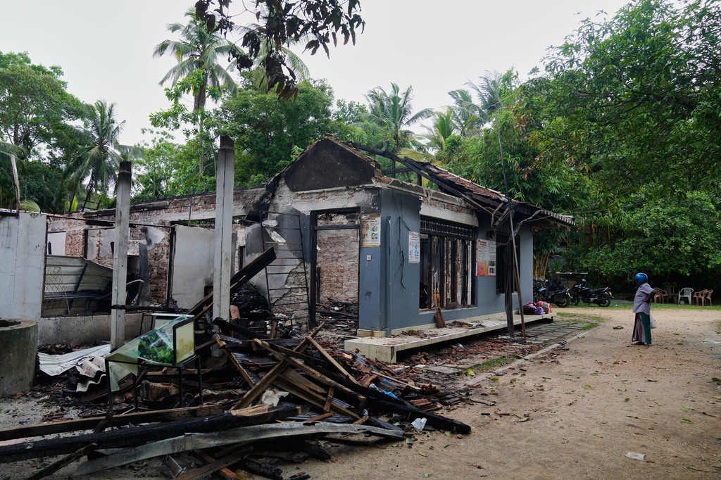 Debris of the charred nursing home is seen in Anguruwatota, Sri Lanka, Friday, June 5, 2026.(AP Photo/Eranga Jayawardena)