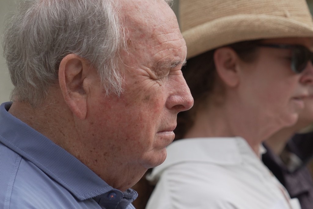 A man meditates with his eyes closed during a "forest bathing" session at the J.C. Raulston Arboretum in Raleigh, N.C., on Sunday, March 22, 2026. (AP Photo/Allen G. Breed)