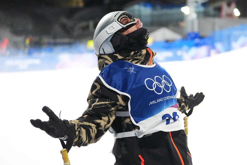 Switzerland's Fabian Boesch reacts during the men's freestyle skiing big air qualifications at the 2026 Winter Olympics, in Livigno, Italy, Sunday, Feb. 15, 2026. (AP Photo/Lindsey Wasson)