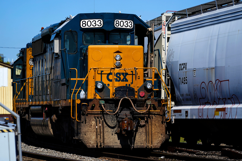 FILE - A CSX train engine sits idle on tracks in Philadelphia, Sept. 14, 2022. (AP Photo/Matt Rourke, File)