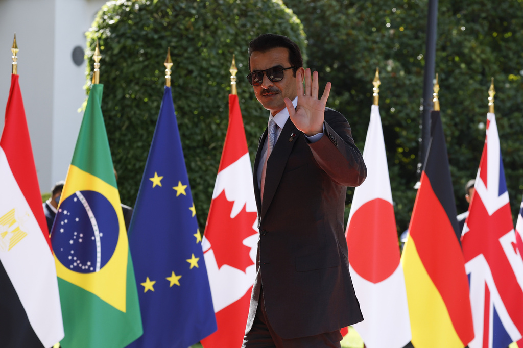 Qatar's Emir Sheikh Tamim bin Hamad Al Thani arrives at the Hotel Royal for a G7 Summit in Evian-les-Bains, France, Tuesday, June 16, 2026. (Yoan Valat/Pool Photo via AP)