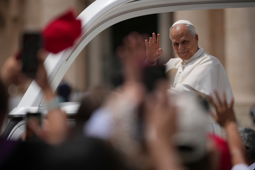 Pope Leo XIV waves as he leaves after his weekly general audience in St. Peter's Square at The Vatican, Wednesday, June 3, 2026. (AP Photo/Andrew Medichini)