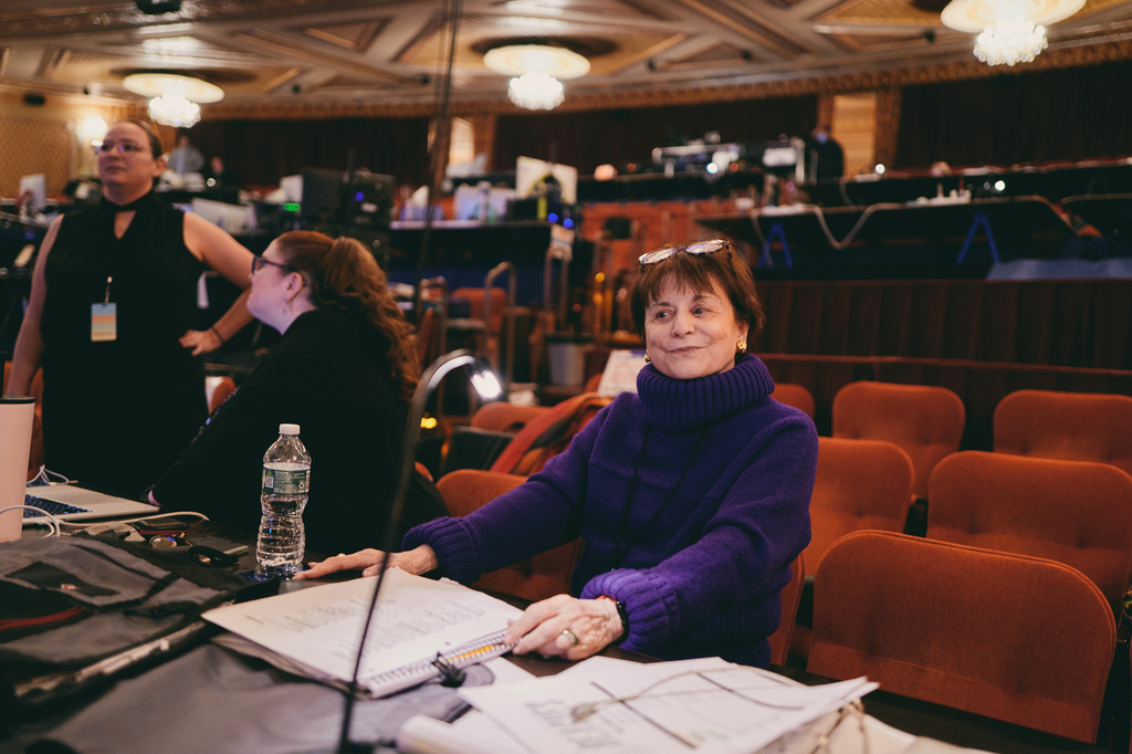 Author Iris Rainer Dart appears during a tech rehearsal for the musical "Beaches" in New York on March 16, 2026. (Jenny Anderson via AP)