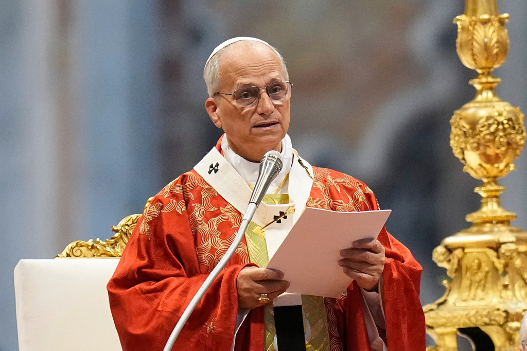 Pope Leo XIV delivers his message as he celebrates a Mass where he confers the pallium on newly appointed metropolitan archbishops, in St. Peter's Basilica, at the Vatican, Monday, June 29, 2026. (AP Photo/Alessandra Tarantino)