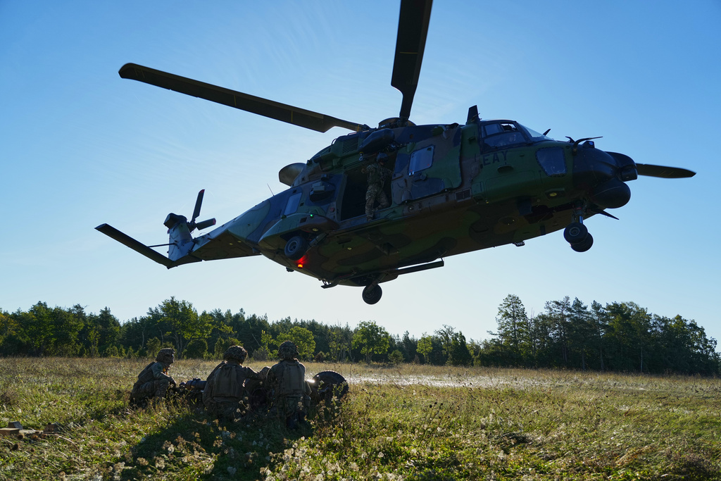 A French army NH 90 Caiman helicopter takes off during a multinational military Exercise Pikne ("Lightning") on Saaremaa Island, Estonia, Friday, Sept. 26, 2025. (AP Photo/Sergei Grits)