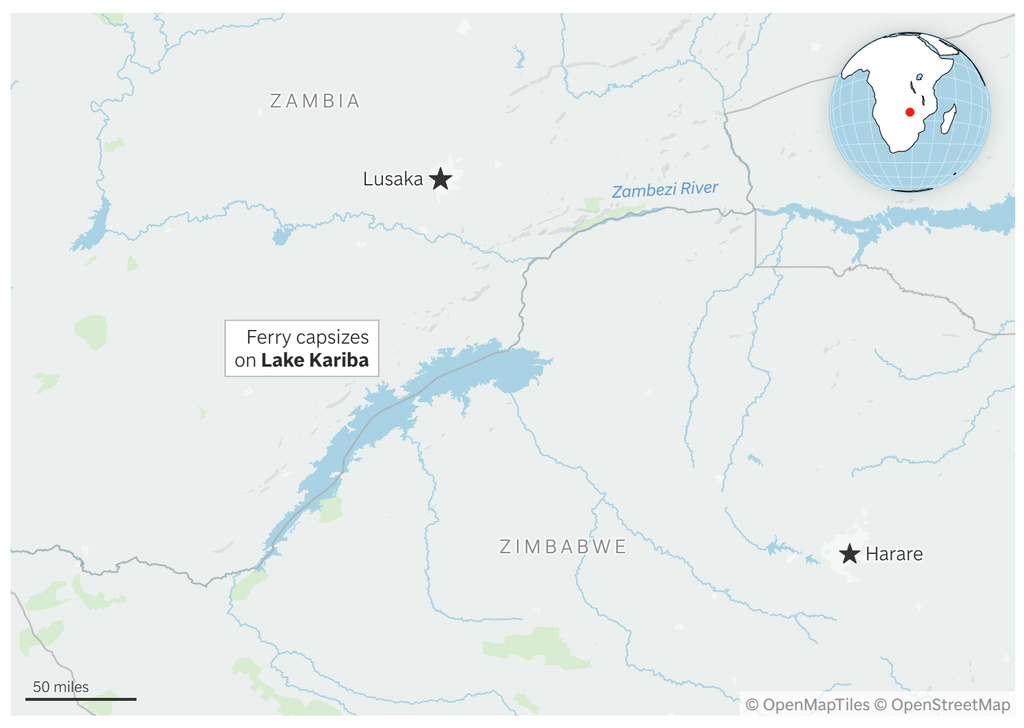 A map showing Lake Kariba between Zimbabwe and Zambia, where a ferry capsized. (AP Digital Embed)
