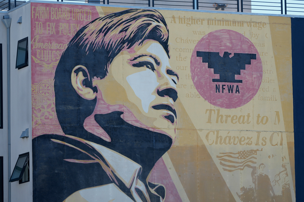 An image of César Chavez is shown on a mural in San Francisco, Wednesday, March 18, 2026. (AP Photo/Jeff Chiu)