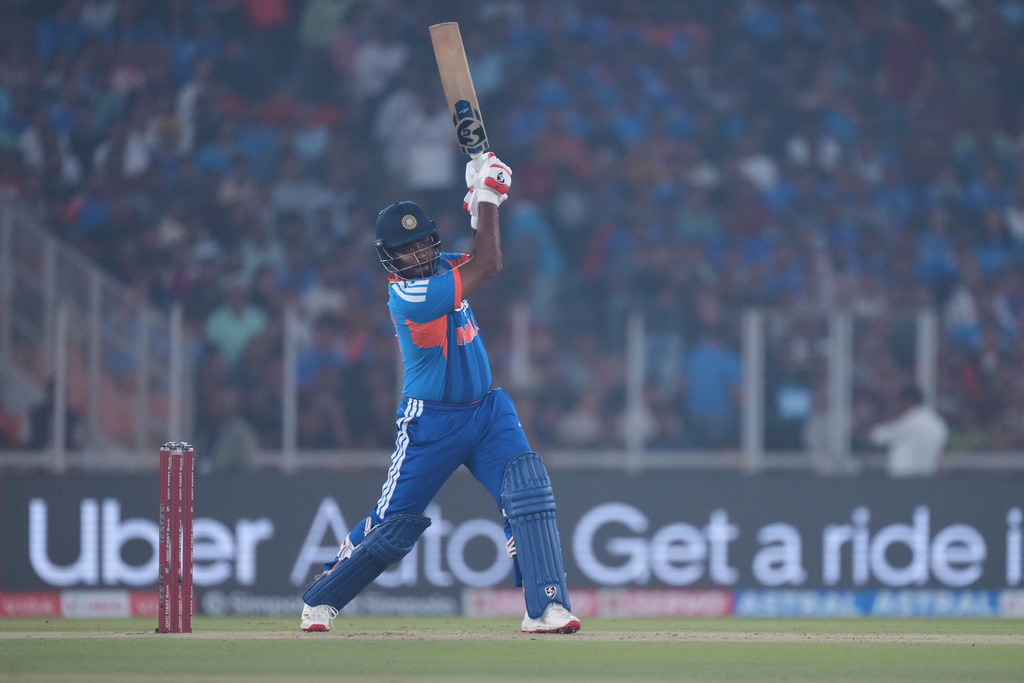 India's Sanju Samson plays a shot during the fifth T20 cricket match between India and South Africa in Ahmedabad, India, Friday, Dec. 19, 2025. (AP Photo/Ajit Solanki)