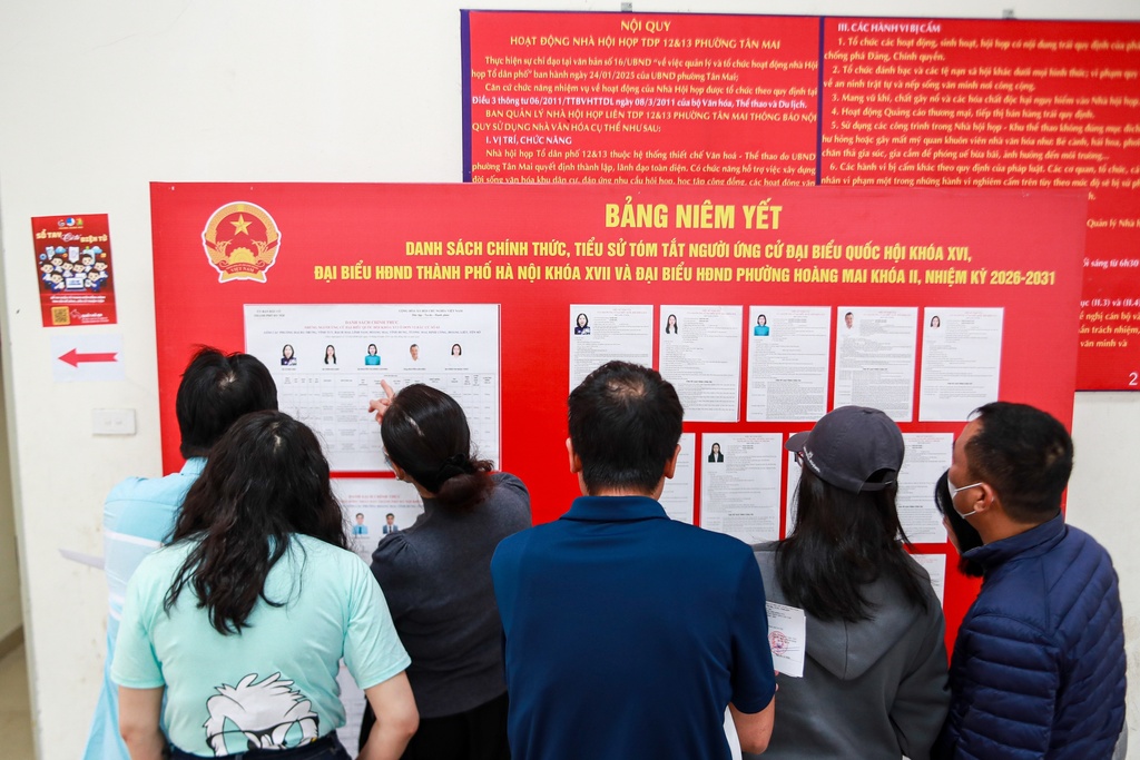 Voters check profiles of candidates before casting ballots to elect representatives in the National Assembly and people's councils in Hanoi, Vietnam, Sunday, March 15, 2026. (AP Photo/Huy Han)