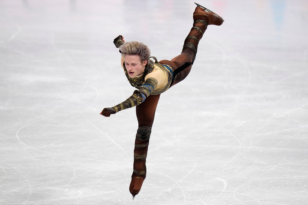 Ilia Malinin from the United States competes during the men's short program at the Figure Skating World Championships in Prague, Czech Republic, Thursday, March 26, 2026. (AP Photo/Petr David Josek)