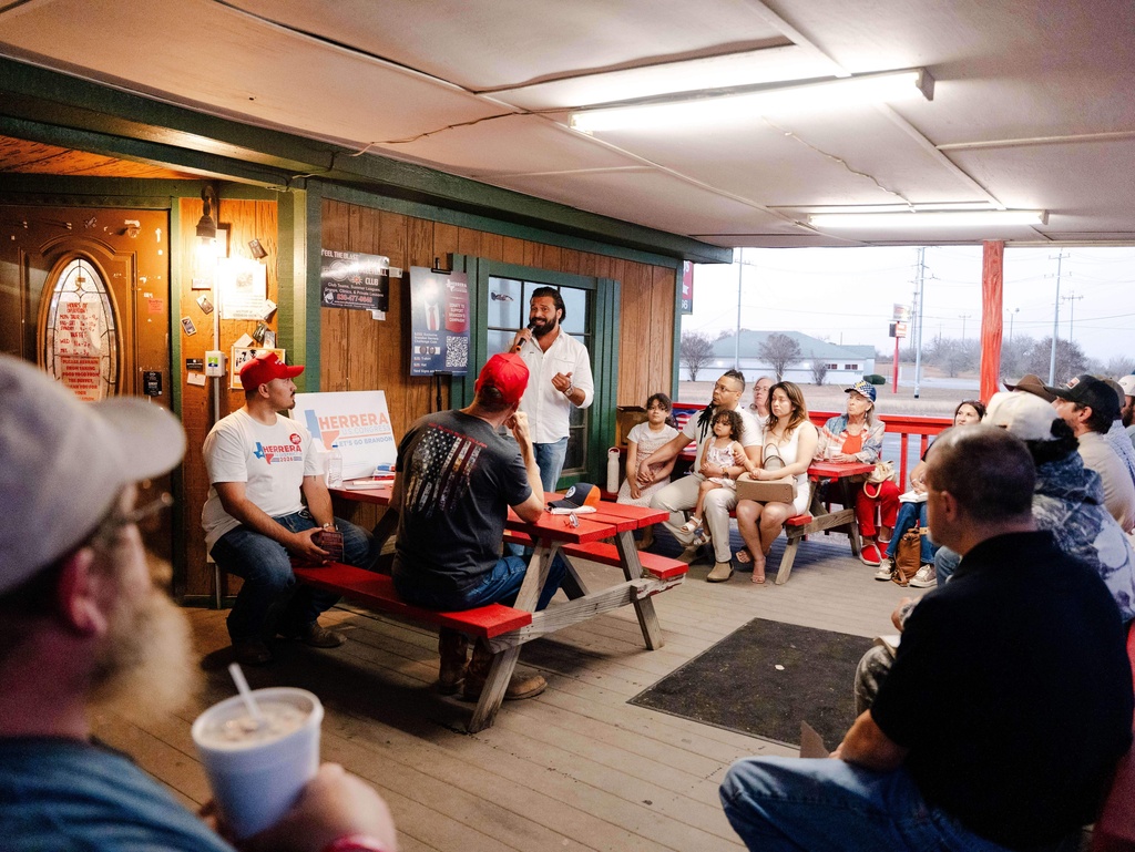 Brandon Herrera, a Republican congressional candidate for Texas' 23rd District, speaks during an event, Thursday, Feb. 26, 2026, in Somerset, Texas. (AP Photo/Brenda Bazán)