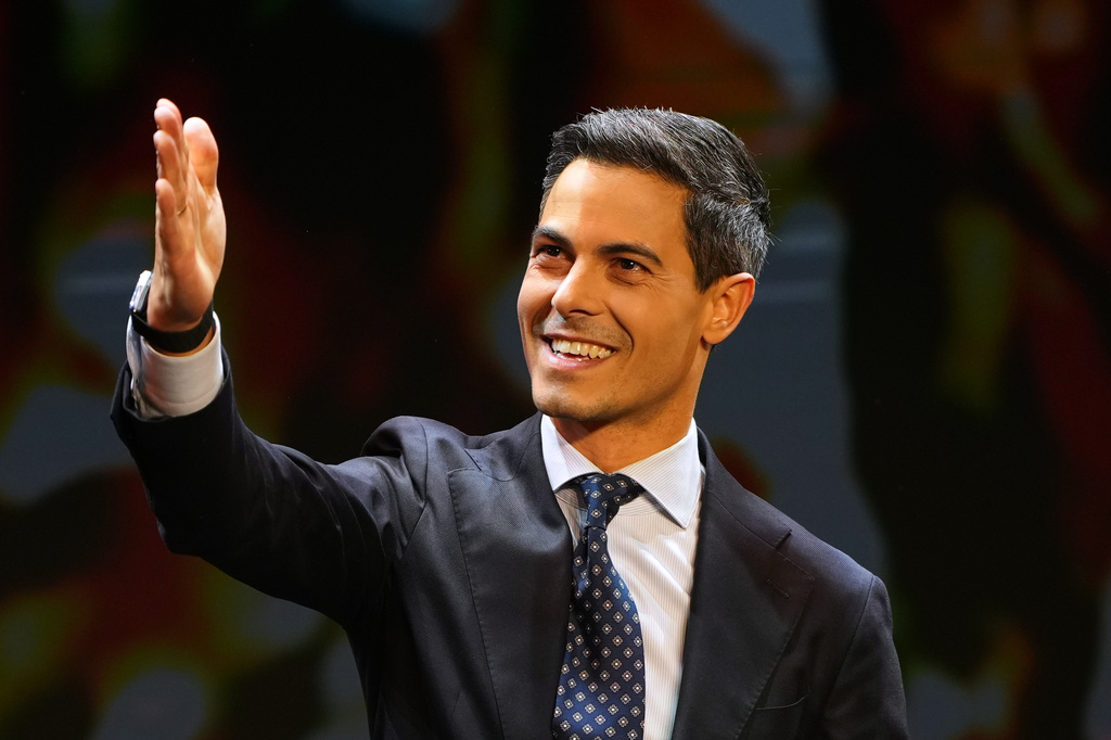 FILE - Rob Jetten, leader of the center-left D66 party, speaks on stage during exit poll results an election venue during a general election in Leiden, Netherlands, Wednesday, Oct. 29, 2025. (AP Photo/Peter Dejong, File)