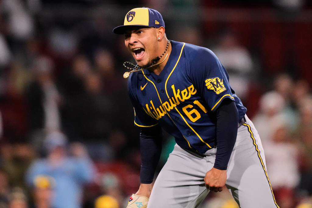 Milwaukee Brewers pitcher Angel Zerpa celebrates after his team defeated the Boston Red Sox in a baseball game at Fenway Park, Monday, April 6, 2026, in Boston. (AP Photo/Charles Krupa)
