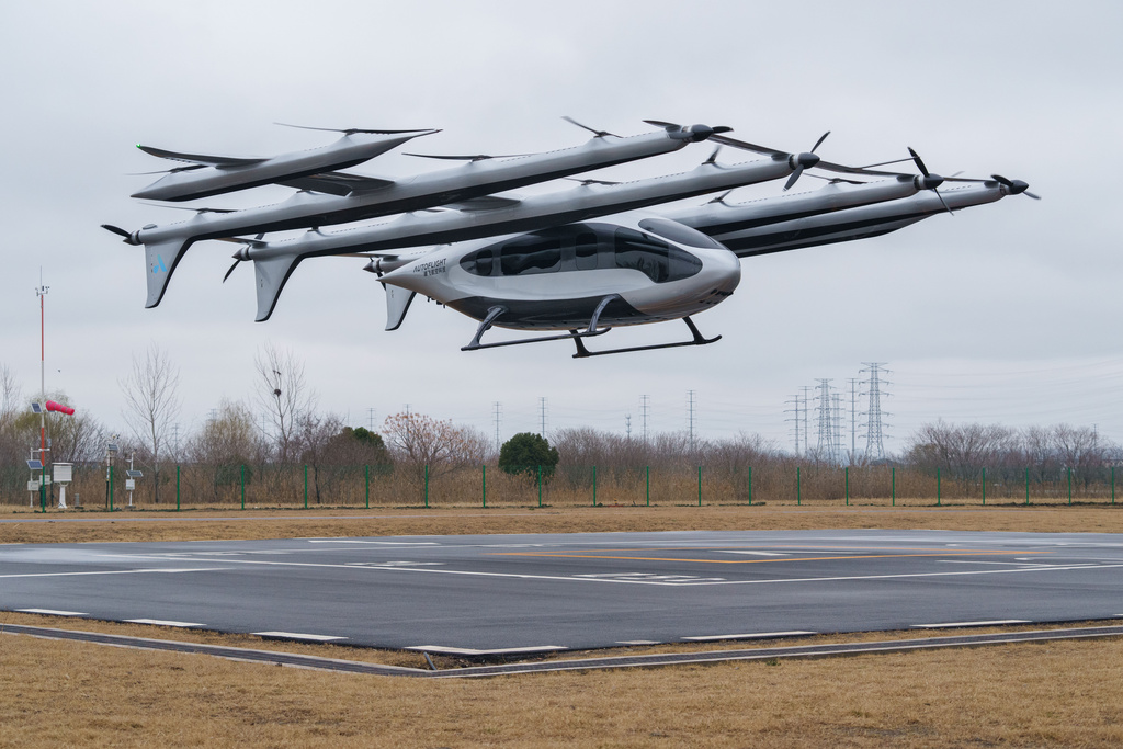 A 5-ton class eVTOL aircraft from AutoFlight makes a flight landing at a testing field in Kunshan city in China's Jiangsu province, on Feb. 24, 2026. (AP Photo/Vincent Thian)