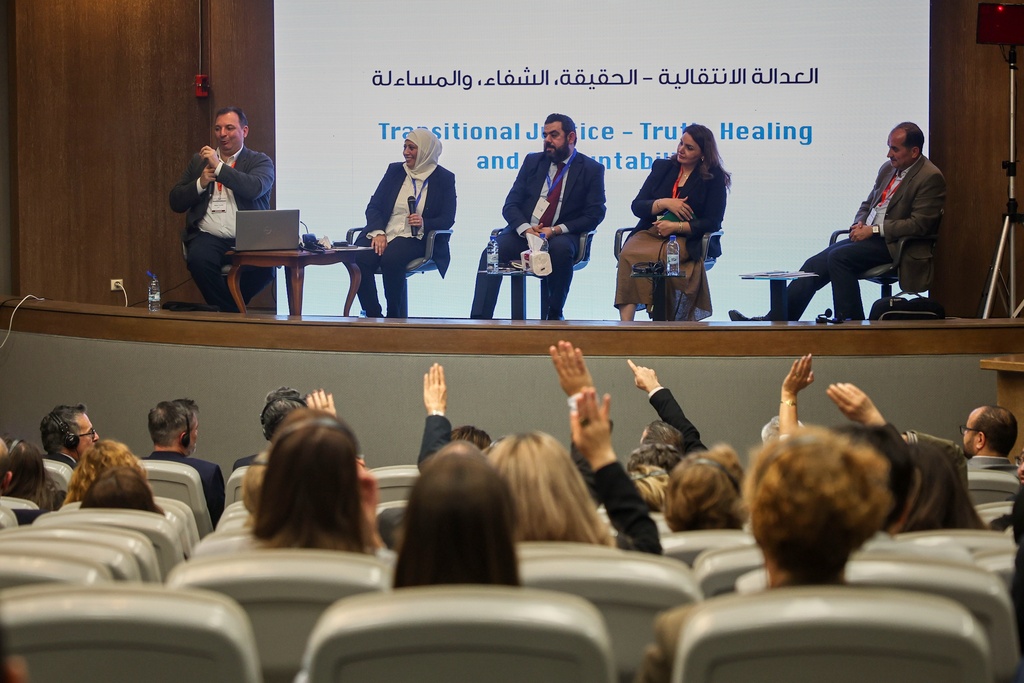 Representatives of Syria's civil society attend the opening session of a series of EU-organized meetings known as 'The Day of Dialogue,' in the presence of European Union and transitional government officials at a conference center on the southern outskirts of Damascus, Saturday, Nov. 15, 2025. (AP Photo/Ghaith Alsayed)