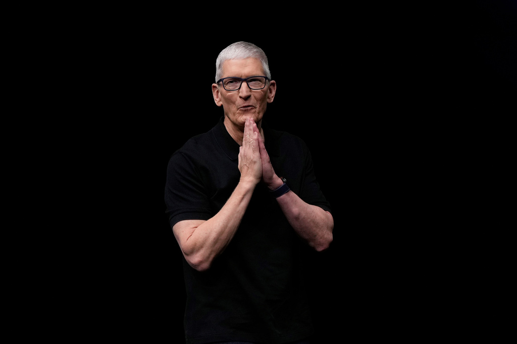 FILE - Apple CEO Tim Cook speaks on stage during an announcement of new products at Apple Park in Cupertino, Calif., Tuesday, Sept. 9, 2025. (AP Photo/Godofredo A. Vásquez, File)