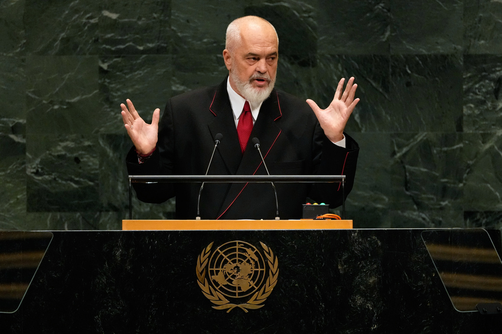 Albania's Prime Minister Edi Rama speaks during the 81st session of the United Nations General Assembly at United Nations headquarters, Friday, Sept. 25, 2026. (AP Photo/Seth Wenig)