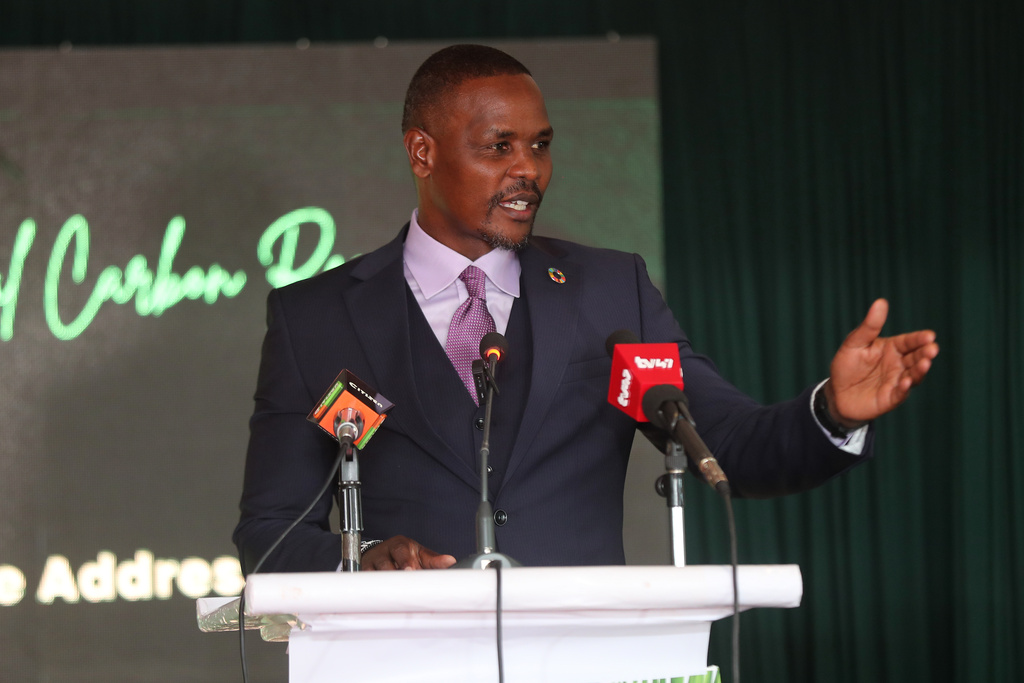 Kenya's Environment Principal Secretary Festus Ng’eno speaks during the launch of the National Carbon Registry in Nairobi, Kenya, Tuesday, Feb. 17, 2026. (AP Photo/Henry Naminde)