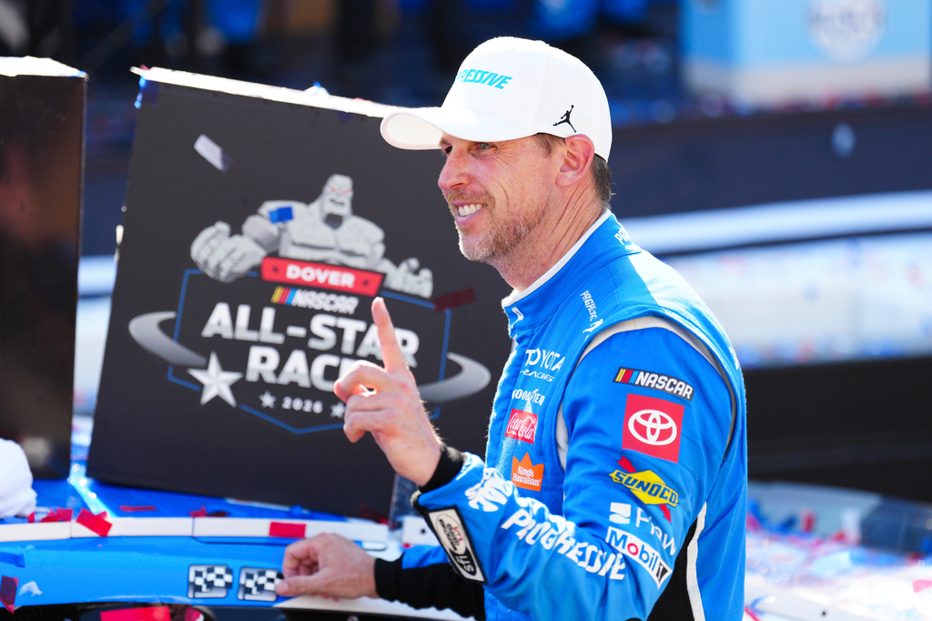 Denny Hamlin celebrates in Victory Lane after winning the NASCAR All-Star auto race at Dover Motor Speedway, Sunday, May 17, 2026, in Dover, Del. (AP Photo/Derik Hamilton)