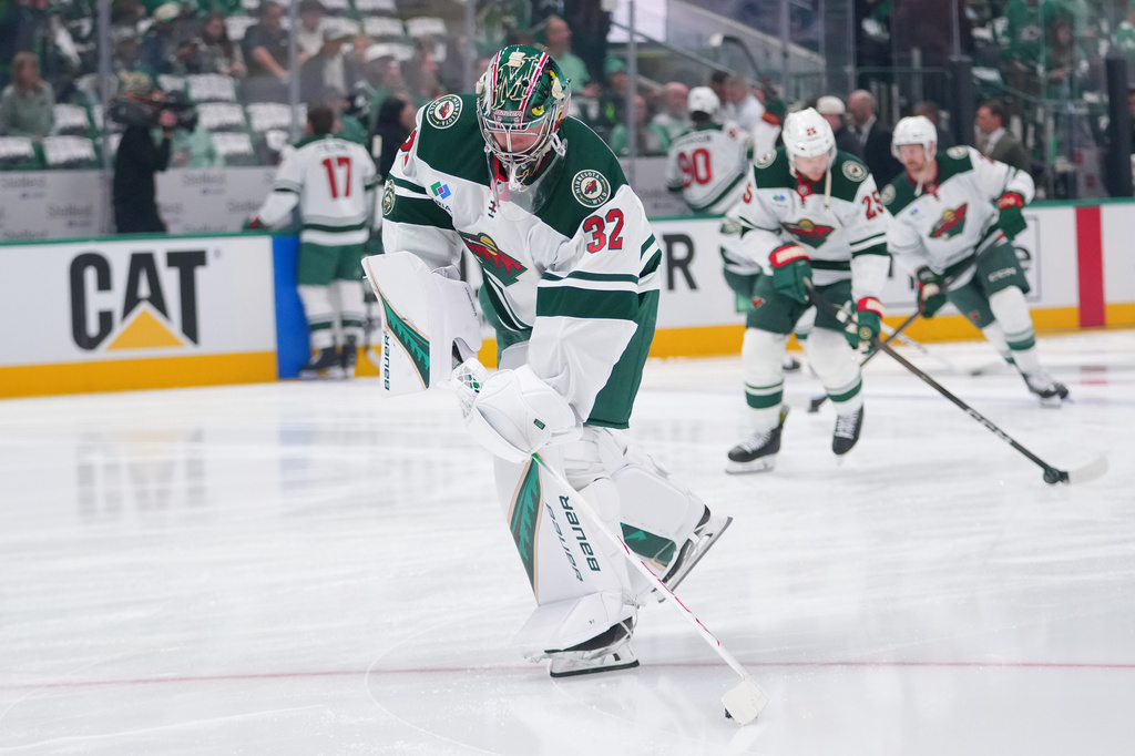 Minnesota Wild goaltender Filip Gustavsson works out ahead of Game 1 of a first-round NHL Stanley Cup playoffs hockey series against the Dallas Stars, Saturday, April 18, 2026, in Dallas. (AP Photo/Julio Cortez)