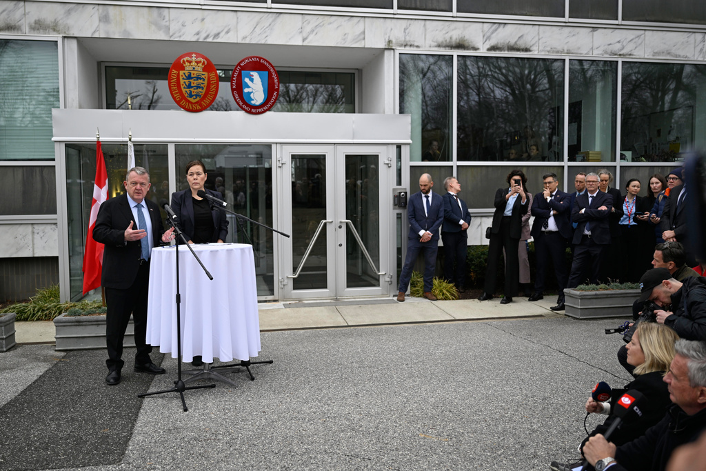 Denmark's Foreign Minister Lars Løkke Rasmussen and Greenland's Foreign Minister Vivian Motzfeldt speak at a news conference at the Embassy of Denmark, Wednesday, Jan. 14, 2026, in Washington. (AP Photo/John McDonnell)