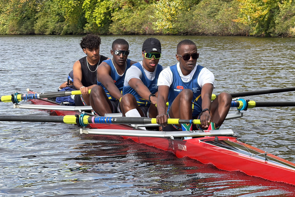 South African rowers, from left, Sheldon Krishnasamy, Lwazi-Tsebo Zwane, Lebone Mokheseng, and Sepitle Leshilo practice on the Charles River in preparation for the Head of the Charles Regatta, Wednesday, Oct. 15, 2025, in Boston. (AP Photo/Rodrique Ngowi)