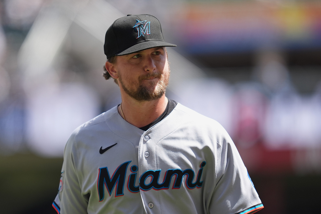 Miami Marlins starting pitcher Braxton Garrett walks off the field during a pitching change in the second inning of a baseball game against the Minnesota Twins, Thursday, May 14, 2026, in Minneapolis. (AP Photo/Abbie Parr)
