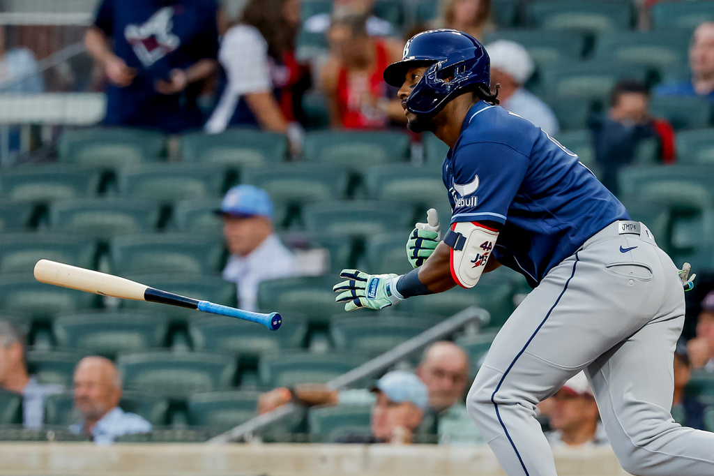 Tampa Bay Rays' Jorge Mateo flips his bat away after hitting a two-run single against the Atlanta Braves during the second inning of a baseball game, Wednesday, Sept. 9, 2026, in Atlanta. (AP Photo/Erik S. Lesser)