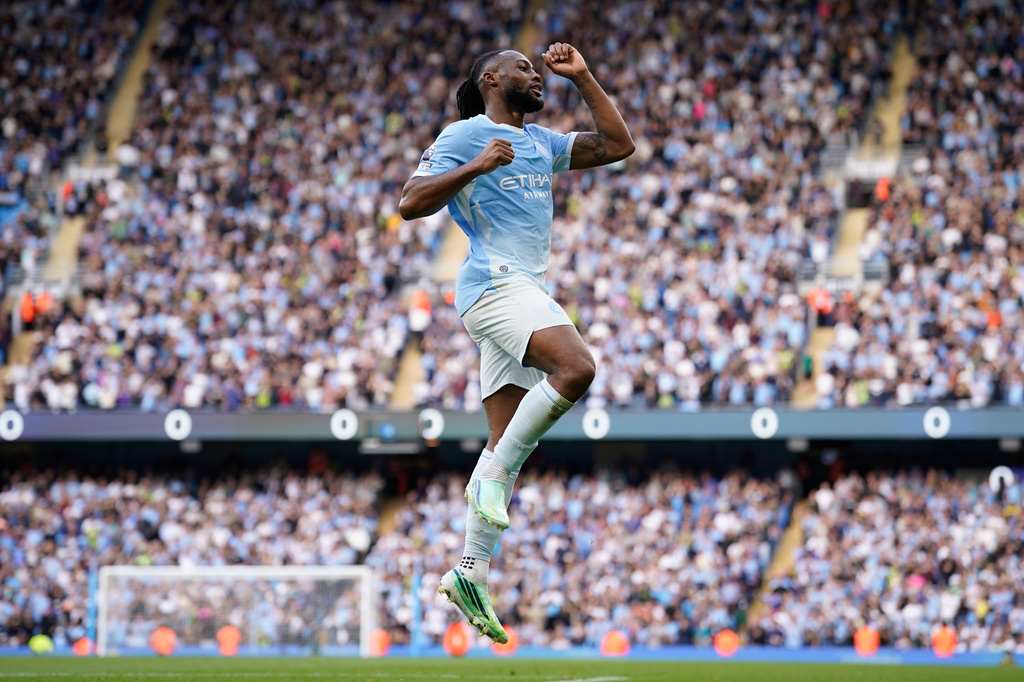 Manchester City's Antoine Semenyo reacts after scoring third goal during the English Premier League soccer match between Manchester City and Sunderland in Manchester, England, Sunday, Sept. 20, 2026. (AP Photo/Dave Thompson)
