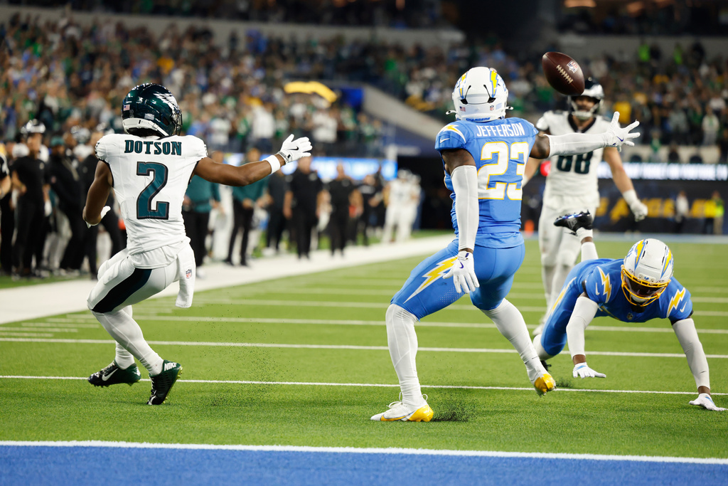 Los Angeles Chargers safety Tony Jefferson (23) intercepts a pass intended for Philadelphia Eagles wide receiver Jahan Dotson (2) during overtime of an NFL football game Monday, Dec. 8, 2025, in Inglewood, Calif. (AP Photo/Caroline Brehman)