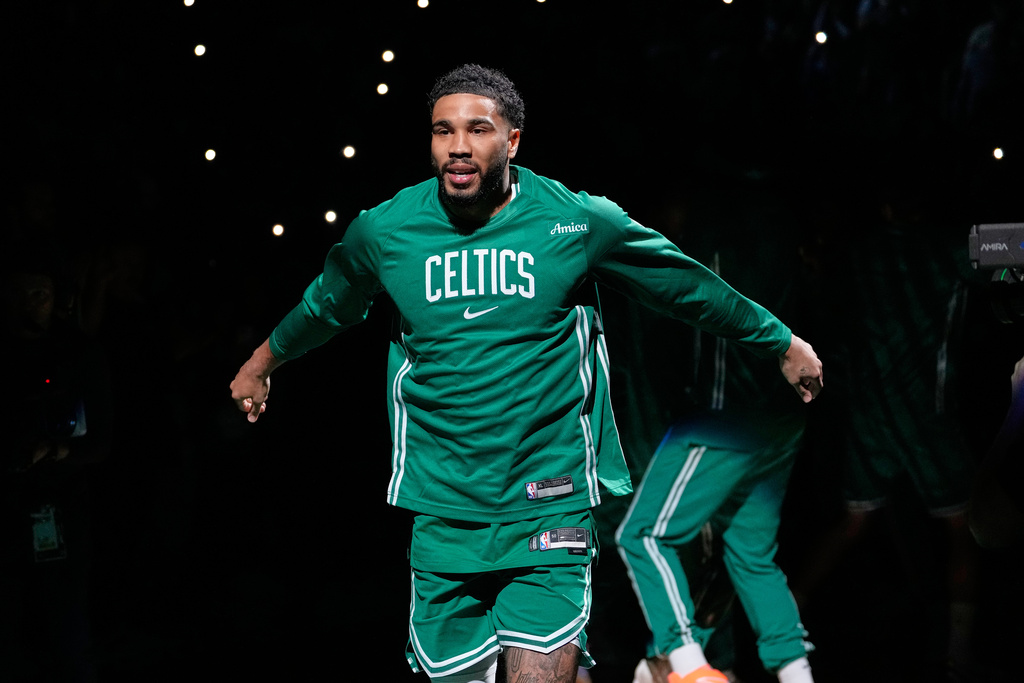Boston Celtics forward Jayson Tatum is introduced prior to an NBA basketball game against the Dallas Mavericks, Friday, March 6, 2026, in Boston. (AP Photo/Charles Krupa)