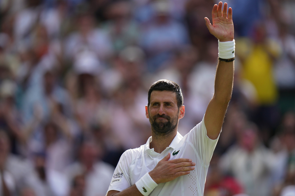 Novak Djokovic of Serbia celebrates his victory against Roman Saffiulin of Russia in their fourth round men's singles match at the Wimbledon Tennis Championships in London, Sunday, July 5, 2026. (AP Photo/Brian Inganga)