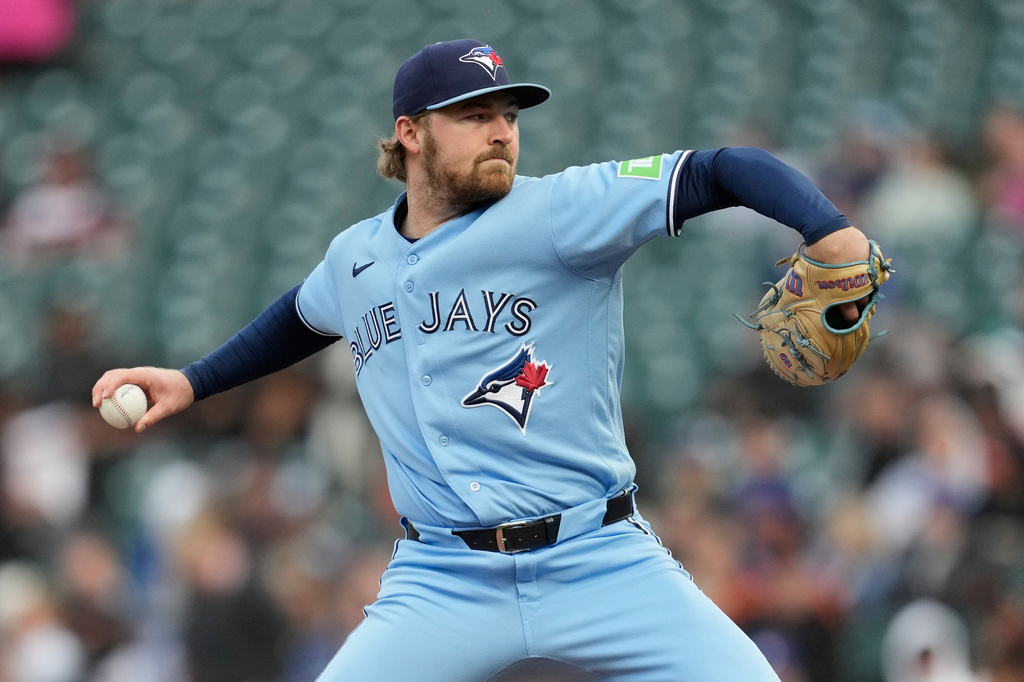 Toronto Blue Jays pitcher Spencer Miles throws against the San Francisco Giants during the first inning of a baseball game Tuesday, July 7, 2026, in San Francisco. (AP Photo/Jeff Chiu)