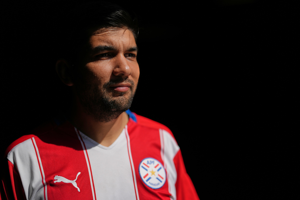 Rodrigo Valdez wears a team Paraguay soccer jersey as he poses for a picture Friday, June 5, 2026, in San Diego. (AP Photo/Gregory Bull)