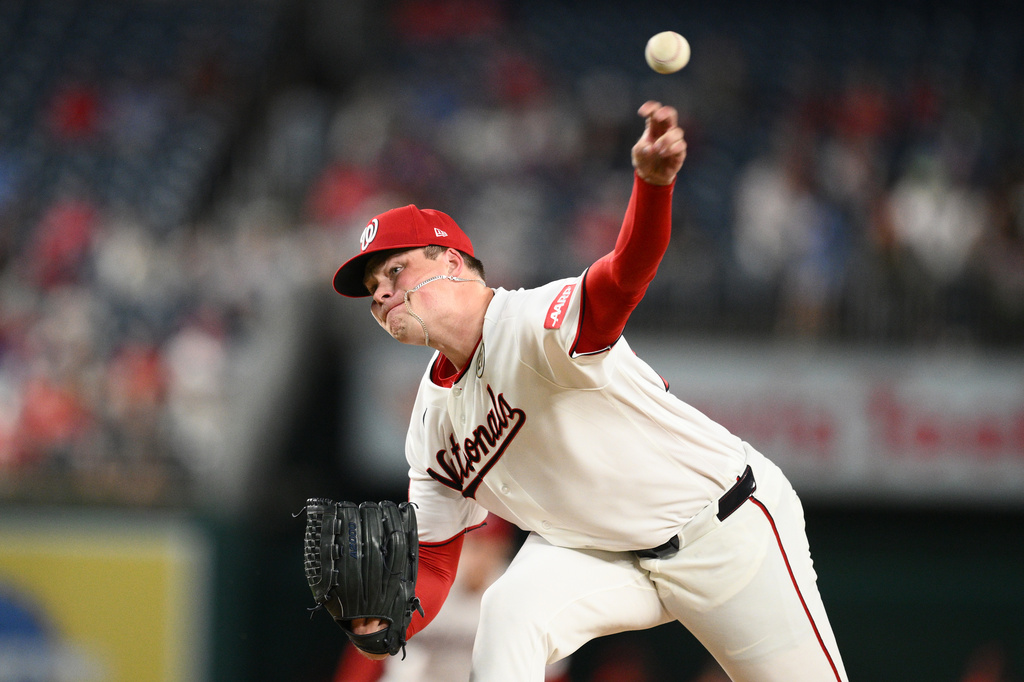 Washington Nationals pitcher Jackson Kent throws during the third inning of a baseball game against the Philadelphia Phillies, Tuesday, Sept. 15, 2026, in Washington. (AP Photo/Nick Wass)