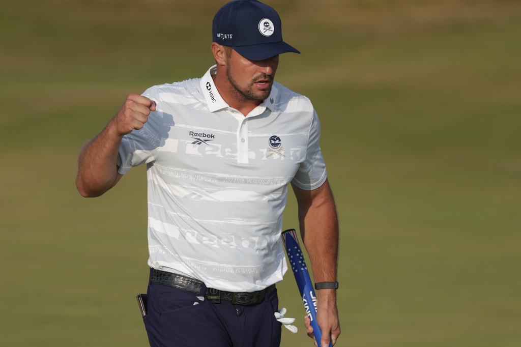 Bryson DeChambeau of the United States reacts on the 17th green during the third day of the British Open Golf championships at Royal Birkdale golf club, in Southport, England, Saturday, July 18, 2026. (AP Photo/Peter Morrison)